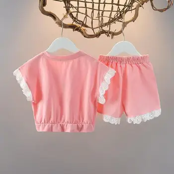 Розовый комплект одежды для маленьких девочек с мультяшным принтом, летний комплект с круглым вырезом, коротким рукавом и шортами