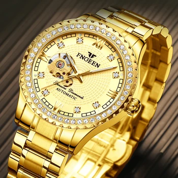Роскошные мужские автоматические механические наручные часы FNGEEN, водонепроницаемые часы со светящимся бриллиантом из нержавеющей стали, мужские часы с золотым скелетом