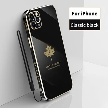 Роскошный чехол с покрытием для iPhone 15 14 12 13 Pro 15 Plus 11 Pro Max с рисунком кленового листа, мягкий силиконовый чехол для телефона с ремешком