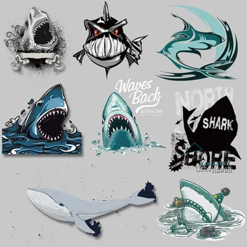 Стильное животное, свирепая акула, рисунок алфавита на футболке, наклейки с печатью, Железные украшения на нашивках