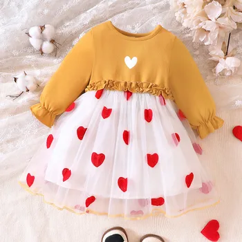 Тюлевое платье для маленьких девочек, детское праздничное платье принцессы с любовным принтом, платья, детская одежда в стиле пэчворк, осенние платья