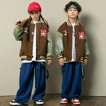 Уличная одежда для мальчиков и девочек, мода в стиле хип-хоп, свободная бейсбольная куртка, Джинсовые комплекты брюк, пальто для детей-подростков, брючные костюмы, одежда