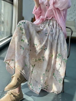 Хлопковая льняная юбка с цветочным принтом Женские Максимальные юбки 2023 Весна Лето Корейская повседневная Свободная плиссированная юбка на шнуровке с высокой талией