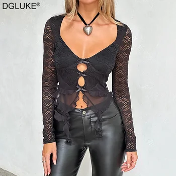 Черная кружевная блузка для женщин, укороченная блузка с V-образным вырезом и длинным рукавом, Сексуальные рубашки и блузки с рюшами, укороченный топ