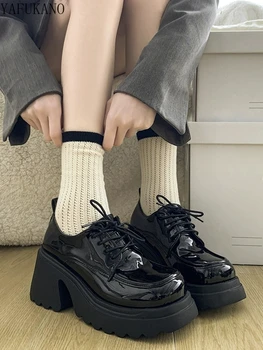Черные Маленькие кожаные туфли на толстой подошве и высоком каблуке в британском стиле на платформе 8 см, тонкие туфли Мэри Джейн в милом прохладном стиле