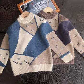 Шерстяной свитер для мальчиков, вязаный крючком, хлопковое вязание, мода 2023 года, утепленная осенне-зимняя высококачественная теплая детская одежда