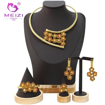 Ювелирные изделия MEIZI из настоящего Дубайского золота 18 карат, наборы ювелирных изделий для женщин, модные свадебные серьги в Дубае, украшают банкет и вечеринку.