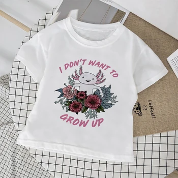 Я не хочу взрослеть, Забавная детская футболка с мультяшным животным Аксолотлем, Одежда для мальчиков и девочек, Удобный Универсальный детский топ Camiseta