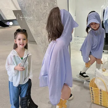 летняя верхняя одежда для маленьких девочек, детские куртки для девочек, корейская солнцезащитная одежда на молнии с капюшоном, тонкий длинный рукав для малышей от 3 до 10 лет