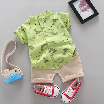 лето 2023, новая хлопчатобумажная рубашка с милым рисунком для мальчиков, костюм с коротким рукавом, повседневная детская одежда, Комплекты для мальчиков, 2 предмета, детская одежда