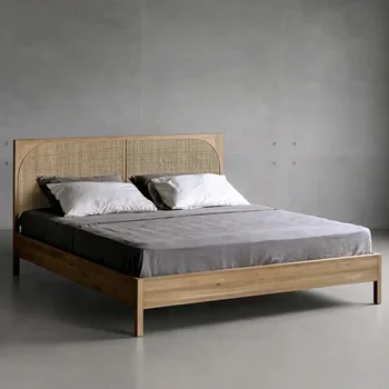 минималистичная кровать из массива дерева, большая двуспальная кровать из японского ротанга, проживание в семье, ретро мебель