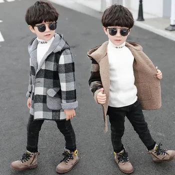 осенне-зимняя детская одежда для мальчиков, шерстяное пальто для малышей с капюшоном, маленькая одежда, модный плюшевый клетчатый топ, милое детское пальто, ветровка