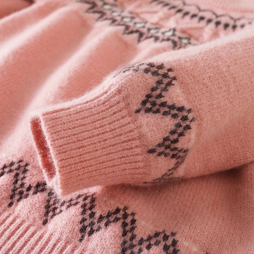 Детские вязаные свитера, водолазка, Жаккардовый пуловер с винтажным принтом, зимняя теплая детская одежда для девочек с длинным рукавом - 3