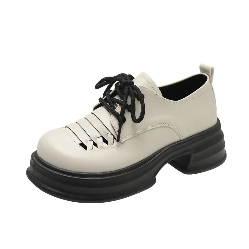 Женская обувь Lefu для отдыха Весной и осенью 2023 года.. Новые универсальные маленькие кожаные туфли на толстой подошве с цветными вставками на шнуровке. - 5