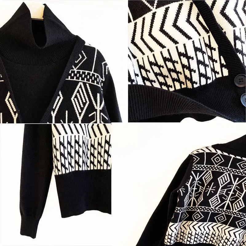 Женский свитер с высоким воротом, Винтажная поддельная Двойка, Базовая Осенняя одежда в стиле пэчворк, Вязаный Тонкий Модный пуловер, теплые Шандайлы - 5