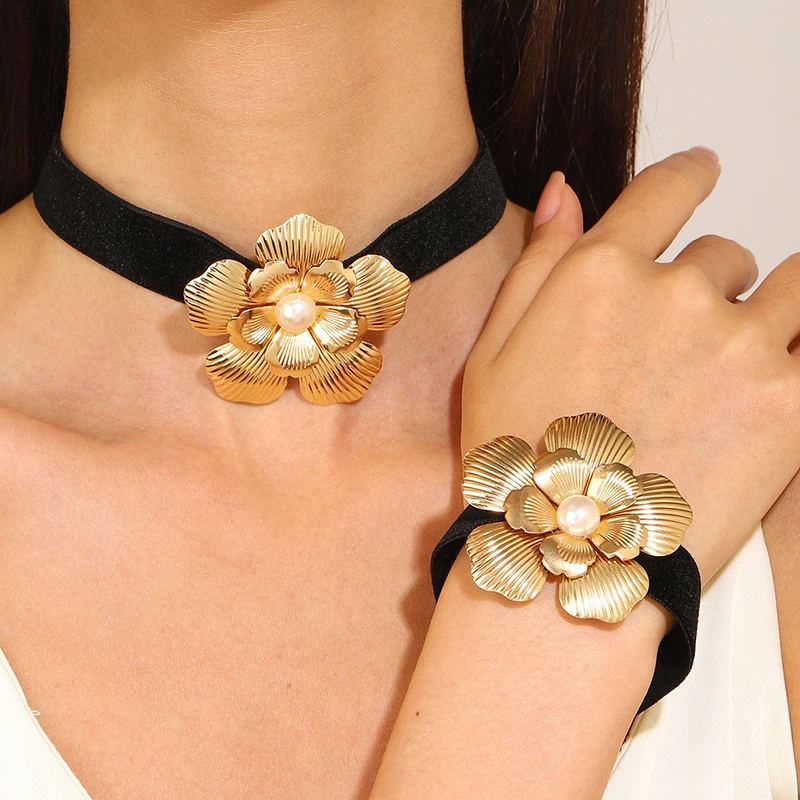 Золотые ожерелья с имитацией жемчуга и браслетов, набор для женщин, Винтажные женские вечерние украшения в стиле Панк - 0