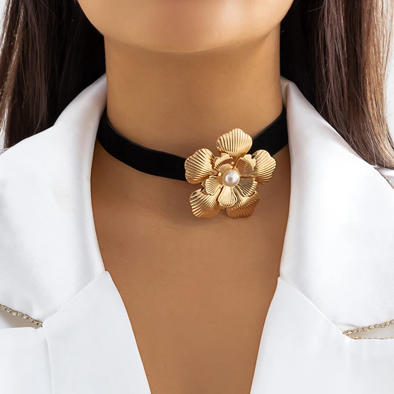 Золотые ожерелья с имитацией жемчуга и браслетов, набор для женщин, Винтажные женские вечерние украшения в стиле Панк - 1
