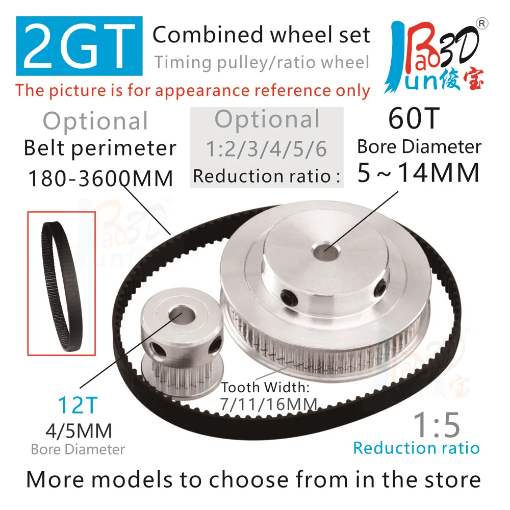 Коэффициент уменьшения шкива ГРМ 2GT 1： 5 Для синхронных колес от 12 до 60 зубьев Ширина ремня 15 мм Диаметр от 4 до 15 мм Детали для 3D-принтера - 0