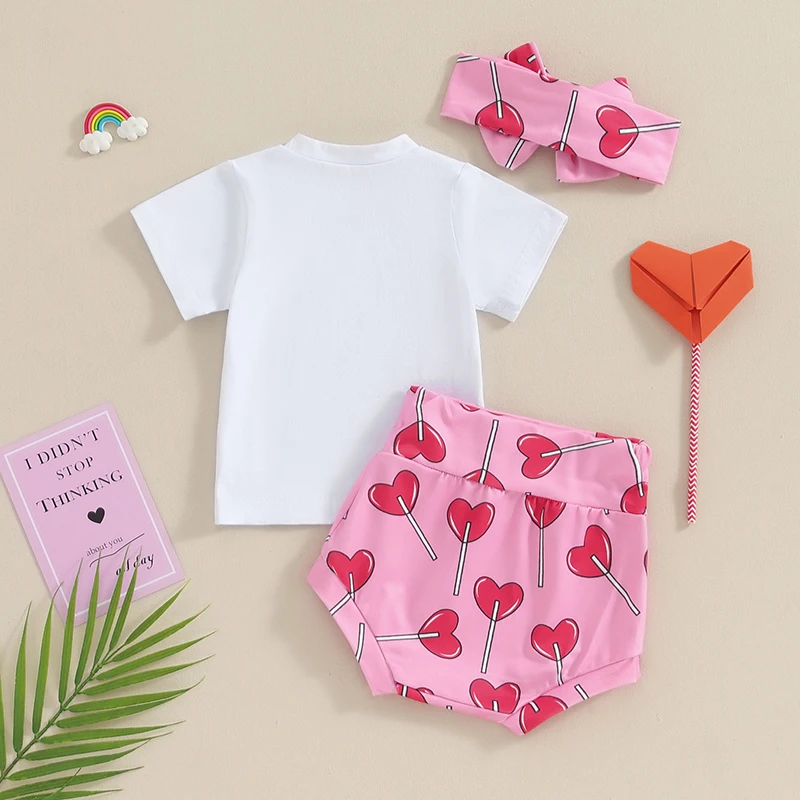Летняя одежда для маленьких девочек, комплект шорт для новорожденных, футболка с коротким рукавом с буквенным принтом, шаровары, шорты, повязка на голову - 1