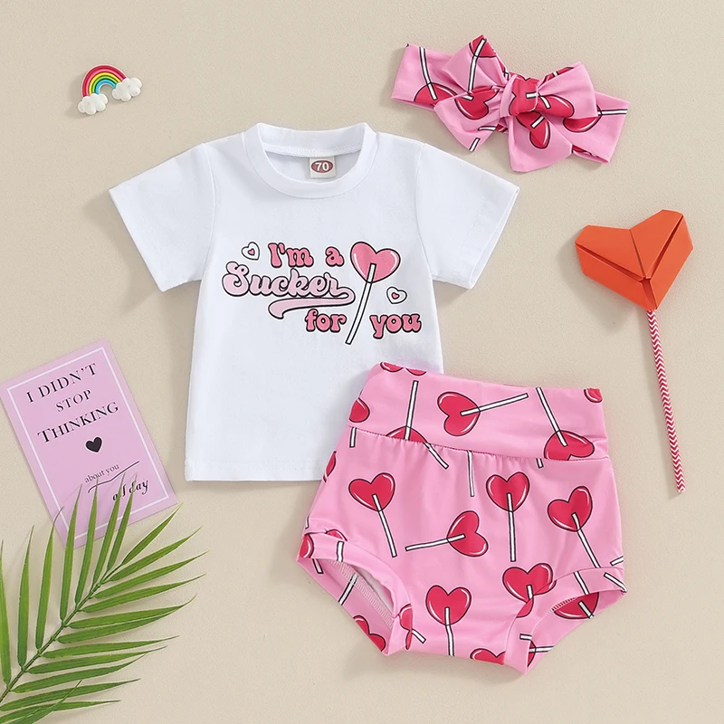 Летняя одежда для маленьких девочек, комплект шорт для новорожденных, футболка с коротким рукавом с буквенным принтом, шаровары, шорты, повязка на голову - 4