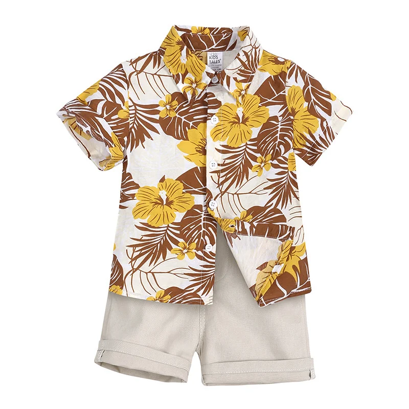 Модная летняя одежда для мальчиков Повседневный детский костюм из 2 предметов Хлопковые рубашки с коротким рукавом + шорты Детские костюмы - 0