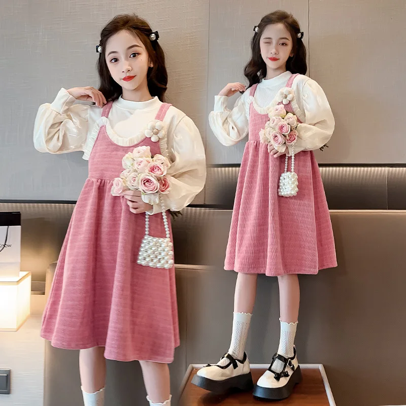 Модный комплект принцессы для маленьких девочек, весенняя детская блузка с пышными рукавами и милое розовое платье, наряды из 2 предметов, платья на бретельках для малышей, костюмы - 2