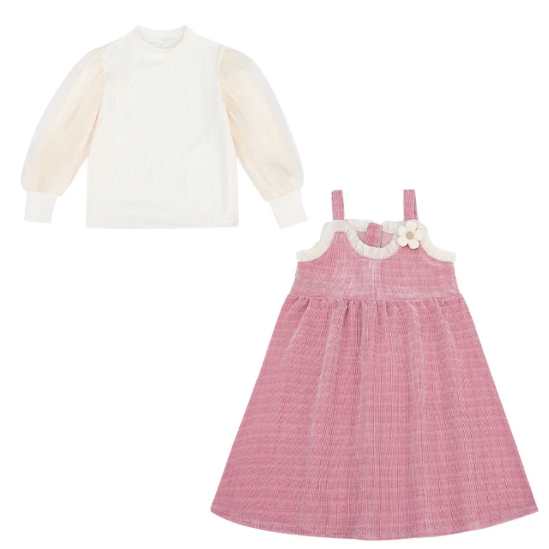 Модный комплект принцессы для маленьких девочек, весенняя детская блузка с пышными рукавами и милое розовое платье, наряды из 2 предметов, платья на бретельках для малышей, костюмы - 3