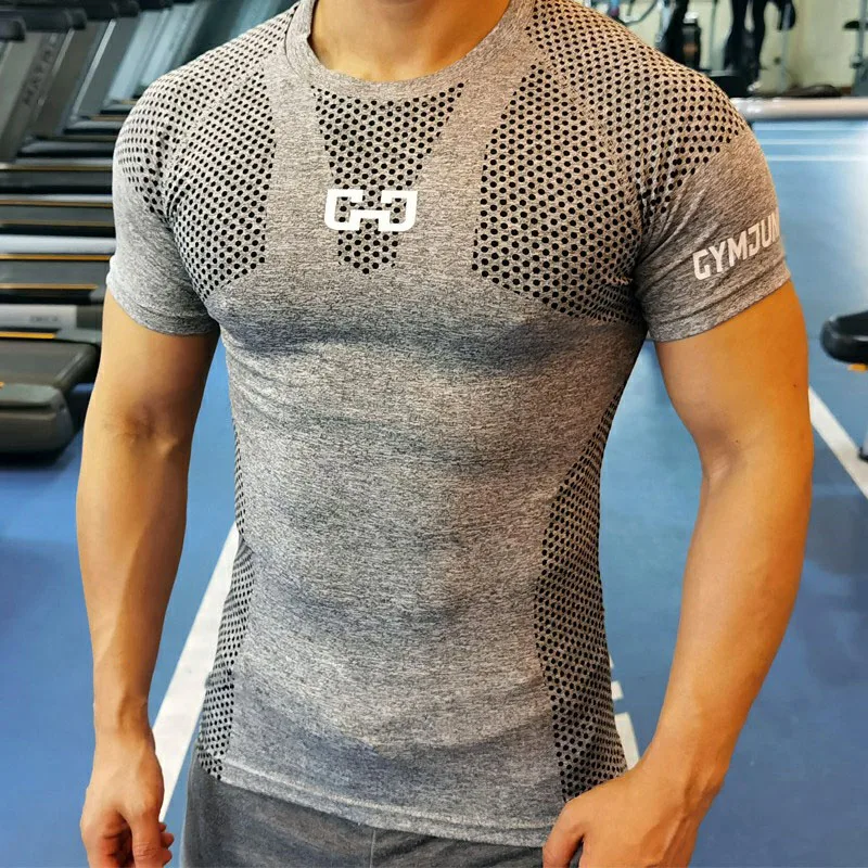 Мужская быстросохнущая спортивная футболка для фитнеса, облегающая мужская компрессионная футболка для спортзала, футболка для бодибилдинга - 0