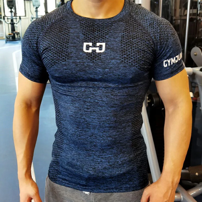 Мужская быстросохнущая спортивная футболка для фитнеса, облегающая мужская компрессионная футболка для спортзала, футболка для бодибилдинга - 1
