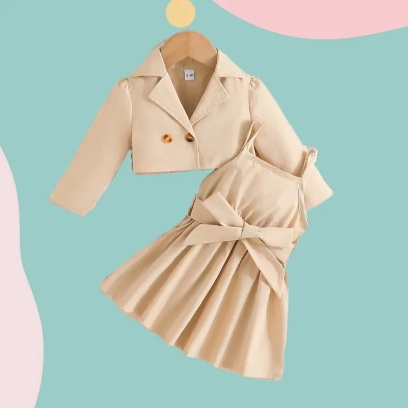 Осенняя детская одежда 2023 года, длинный рукав с отворотом для девочек + однотонная юбка на подтяжках, Комплект из двух предметов, Одежда для новорожденных - 0