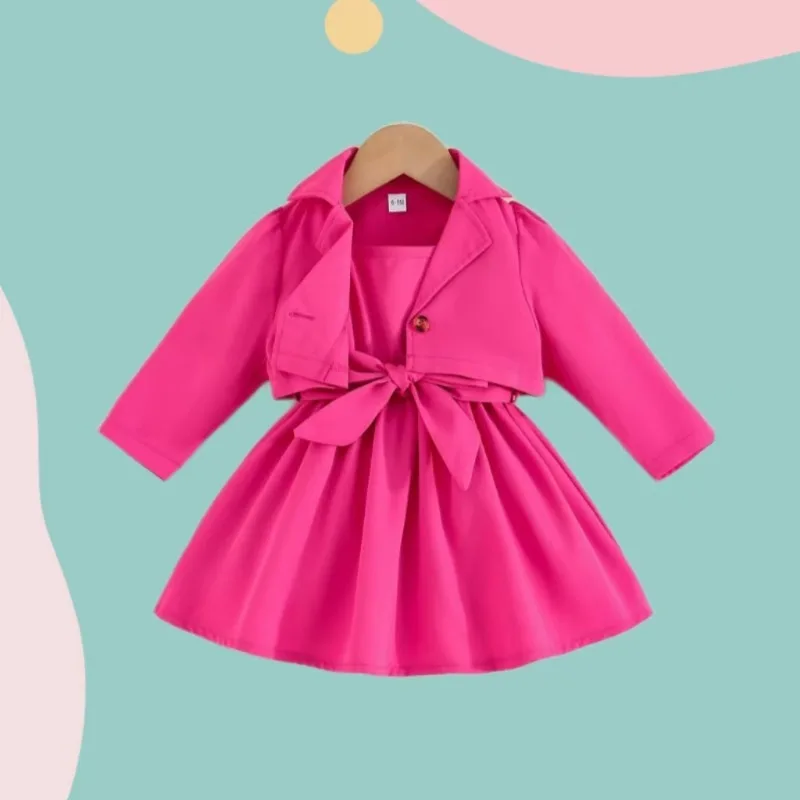 Осенняя детская одежда 2023 года, длинный рукав с отворотом для девочек + однотонная юбка на подтяжках, Комплект из двух предметов, Одежда для новорожденных - 2