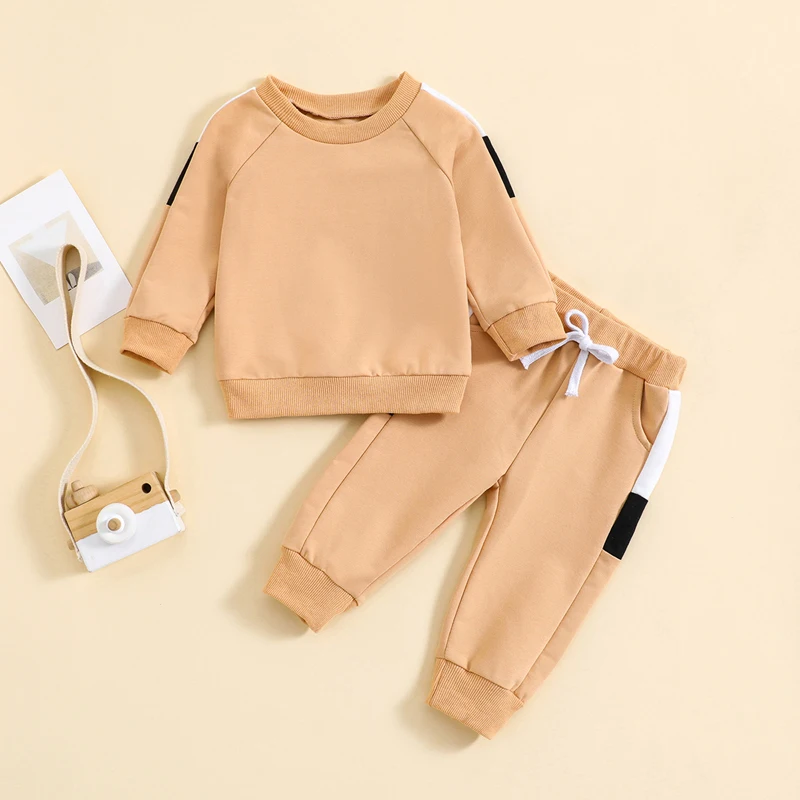Осенняя одежда для маленьких девочек и мальчиков контрастного цвета, пуловер с длинными рукавами, брюки с эластичной резинкой на талии и ремешком, комплект одежды из 2 предметов - 0