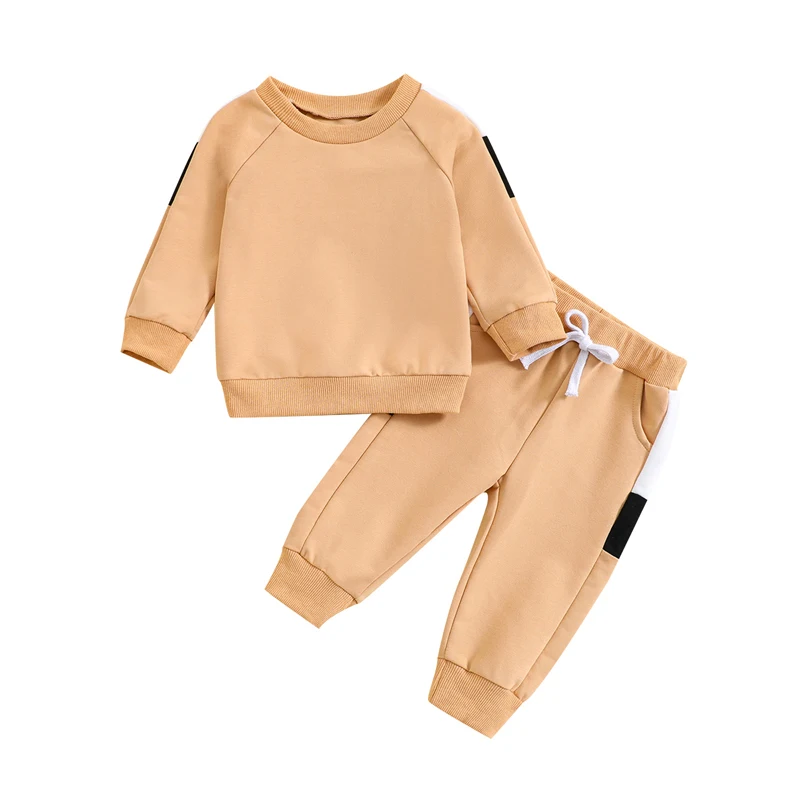 Осенняя одежда для маленьких девочек и мальчиков контрастного цвета, пуловер с длинными рукавами, брюки с эластичной резинкой на талии и ремешком, комплект одежды из 2 предметов - 1