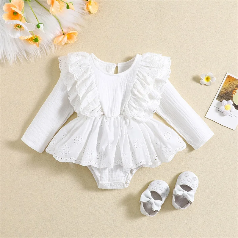 Платье-комбинезон для маленьких девочек в стиле пэчворк с длинными рукавами и круглым вырезом, однотонное боди для новорожденных - 2