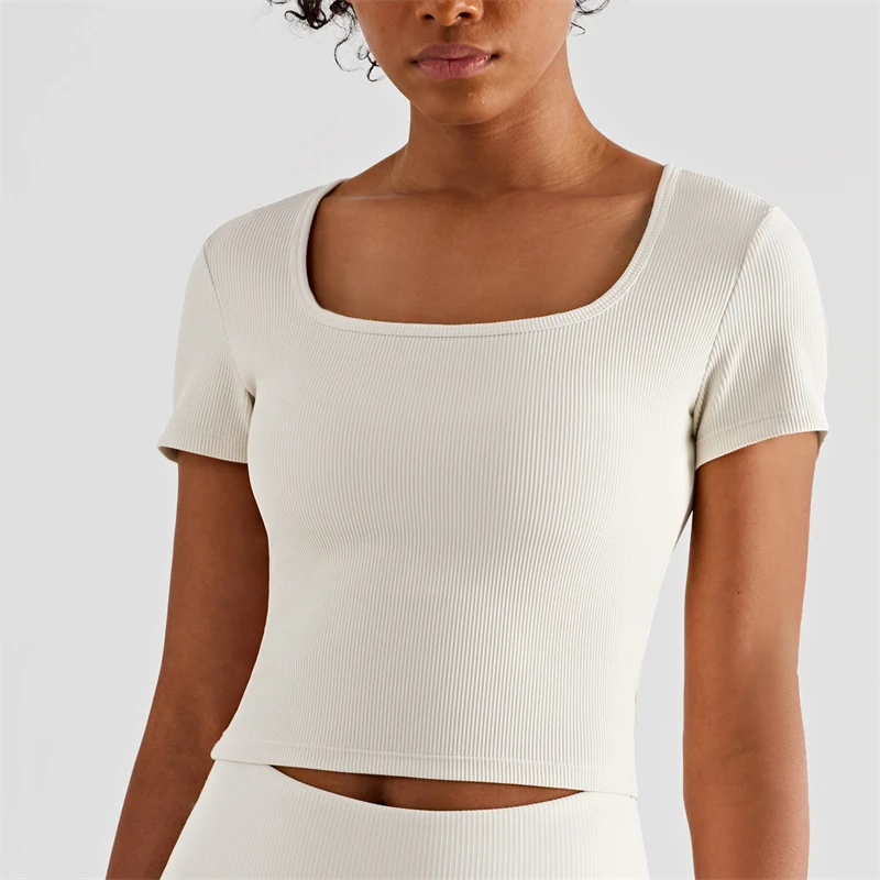 Рубашка в рубчик для йоги, женский спортивный топ для спортзала с коротким рукавом, укороченный топ для фитнеса, Повседневная футболка с квадратным вырезом, Быстросохнущая облегающая мягкая спортивная одежда - 0