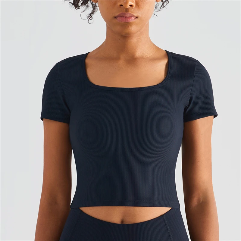 Рубашка в рубчик для йоги, женский спортивный топ для спортзала с коротким рукавом, укороченный топ для фитнеса, Повседневная футболка с квадратным вырезом, Быстросохнущая облегающая мягкая спортивная одежда - 2