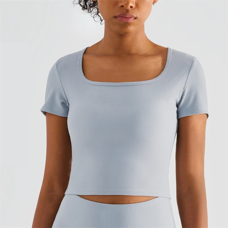 Рубашка в рубчик для йоги, женский спортивный топ для спортзала с коротким рукавом, укороченный топ для фитнеса, Повседневная футболка с квадратным вырезом, Быстросохнущая облегающая мягкая спортивная одежда - 4
