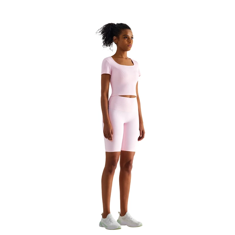 Рубашка в рубчик для йоги, женский спортивный топ для спортзала с коротким рукавом, укороченный топ для фитнеса, Повседневная футболка с квадратным вырезом, Быстросохнущая облегающая мягкая спортивная одежда - 5