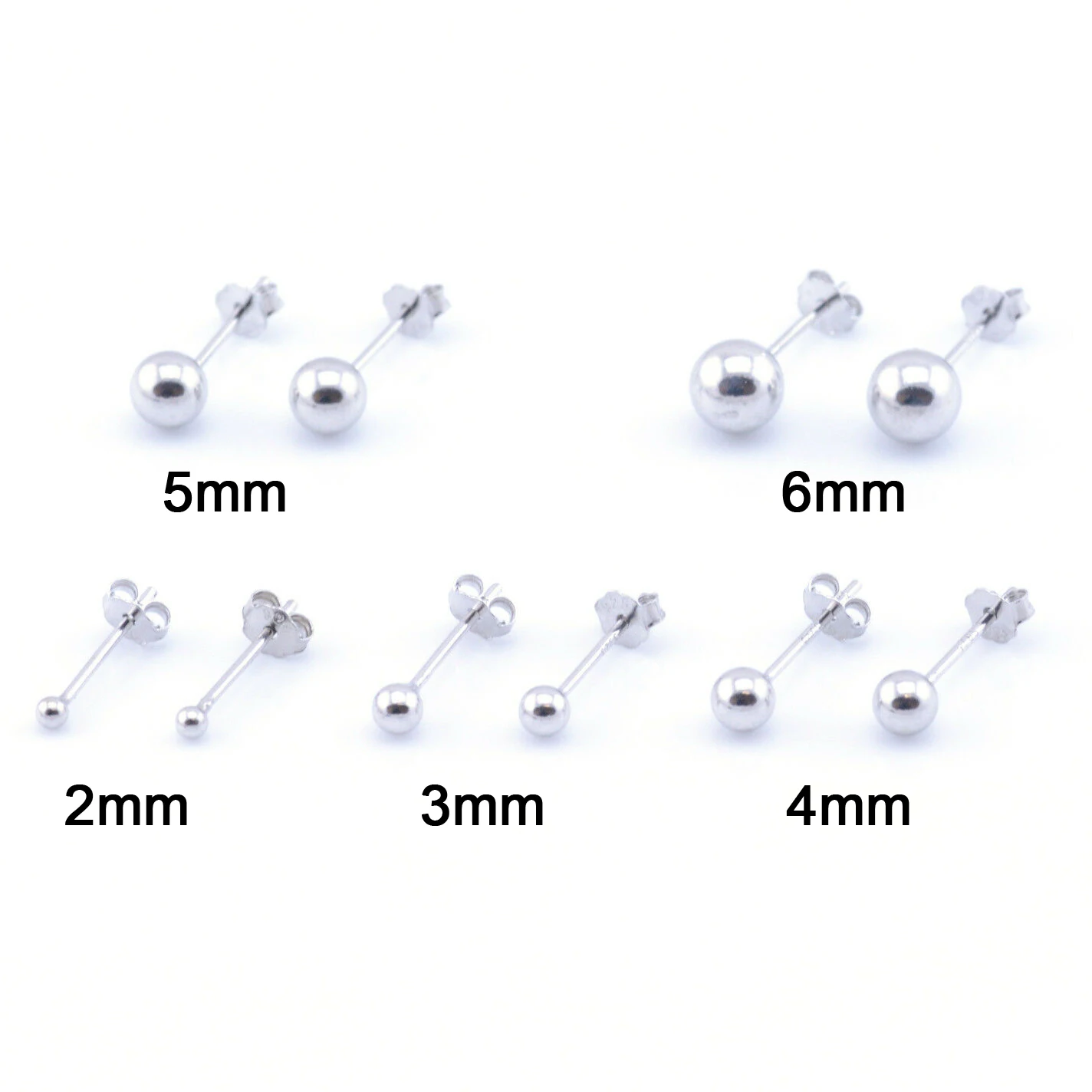 Серьги-гвоздики из стерлингового серебра 925 пробы 1,5 мм, 2 мм, 2,5 мм, 3 мм, 4 мм, 5 мм, 6 мм, ушные вкладыши с шариками, 5 пар/упаковка - 5