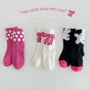 Детские носки с мультяшным бантом и кроликом, носки до середины икры, 3D хлопковые носки без костей для милых девочек