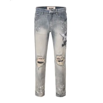 Европейская и американская одежда для хай-стрит, белые рваные мужские джинсы, свободные джинсы с вышитым рисунком ангела в стиле Destruction Cat Whare