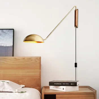 Итальянский металлический настенный светильник современного дизайна с поворотным длинным кронштейном для дивана в гостиной, настенный светильник с деревянным основанием