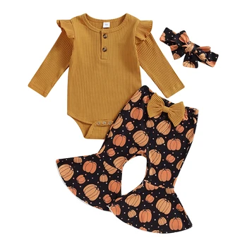 Комплект одежды из 3 предметов для маленьких девочек, комбинезон с длинными рукавами и расклешенными штанами с принтом тыквы, осенняя одежда с повязкой на голове
