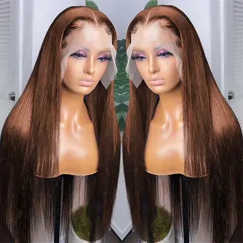 Коричневые парики из натуральных волос на кружеве 13x4 HD, Прозрачные Цветные парики из человеческих волос на шнурке, прямые парики из человеческих волос на кружеве, предварительно выщипанные для женщин
