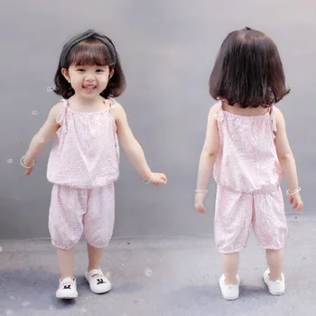 Летние комплекты футболок без рукавов на бретелях с геометрическим принтом для малышей и маленьких девочек 0-5 лет + короткие брюки