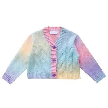 Пальто для малышей, детский сладкий свитер, Новый радужный вязаный кардиган, свитер, модная куртка с градиентом для девочек, одежда