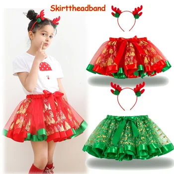 Рождественский наряд для девочки от 2 до 11 лет, Рождественский подарок для детей, сетчатая юбка-пачка принцессы + Рождественская повязка на голову, костюм для Хэллоуина